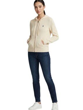 Ralph Lauren Beige Knit Full Zip Front Kangaroo Pocket Drawstring Hoodie Size XL